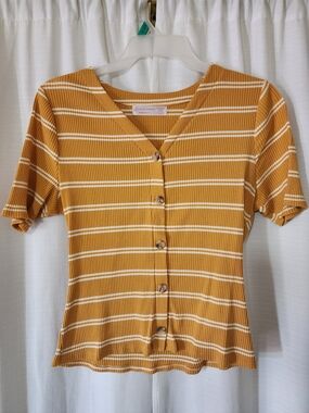No Boundaries Mustard Striped Button-Front Ribbed Top